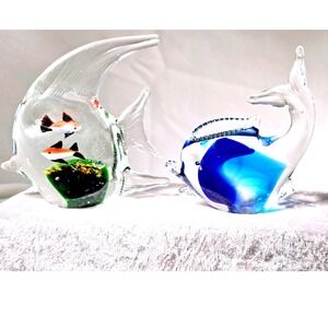 2 GORGEOUS Glass Fish Murano Style Handblown Sculptures Height About 5 Inches